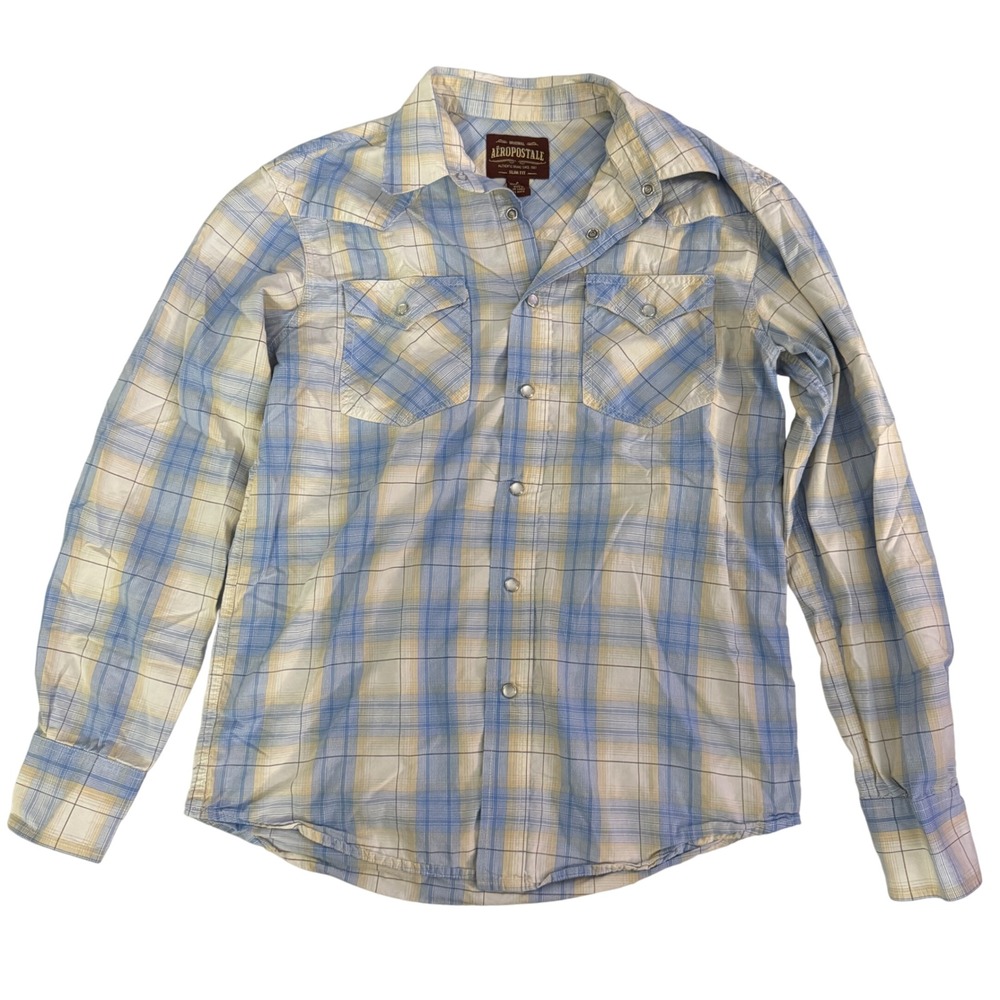 Aeropostale Mens Slim Fit Plaid Snap Front Western Shirt Size S Blue Yellow